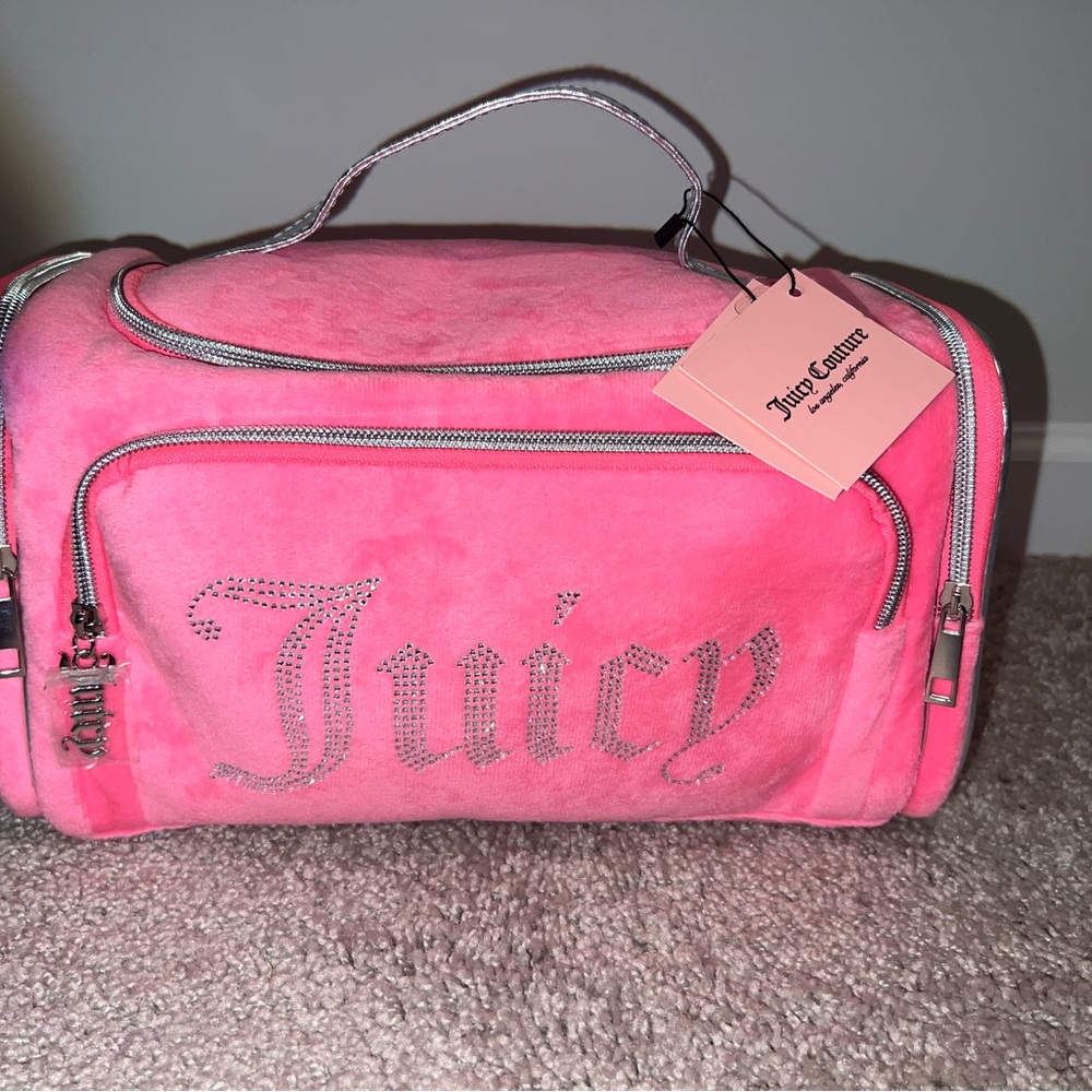 Juicy Couture Hot Pink Velour Rhinestone 'Juicy' Large Cosmetic Case